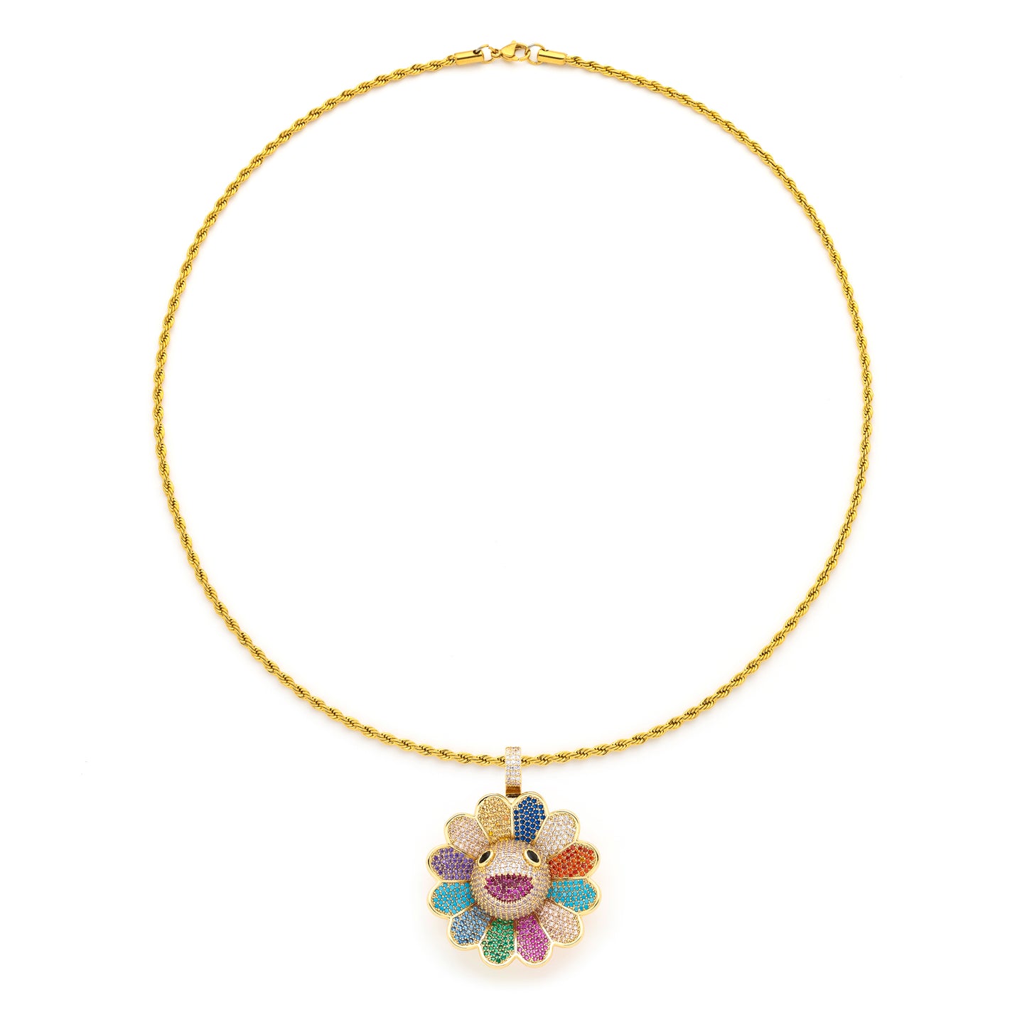 Rainbow Flower Pendant with 14K Gold Plated Rope Chain