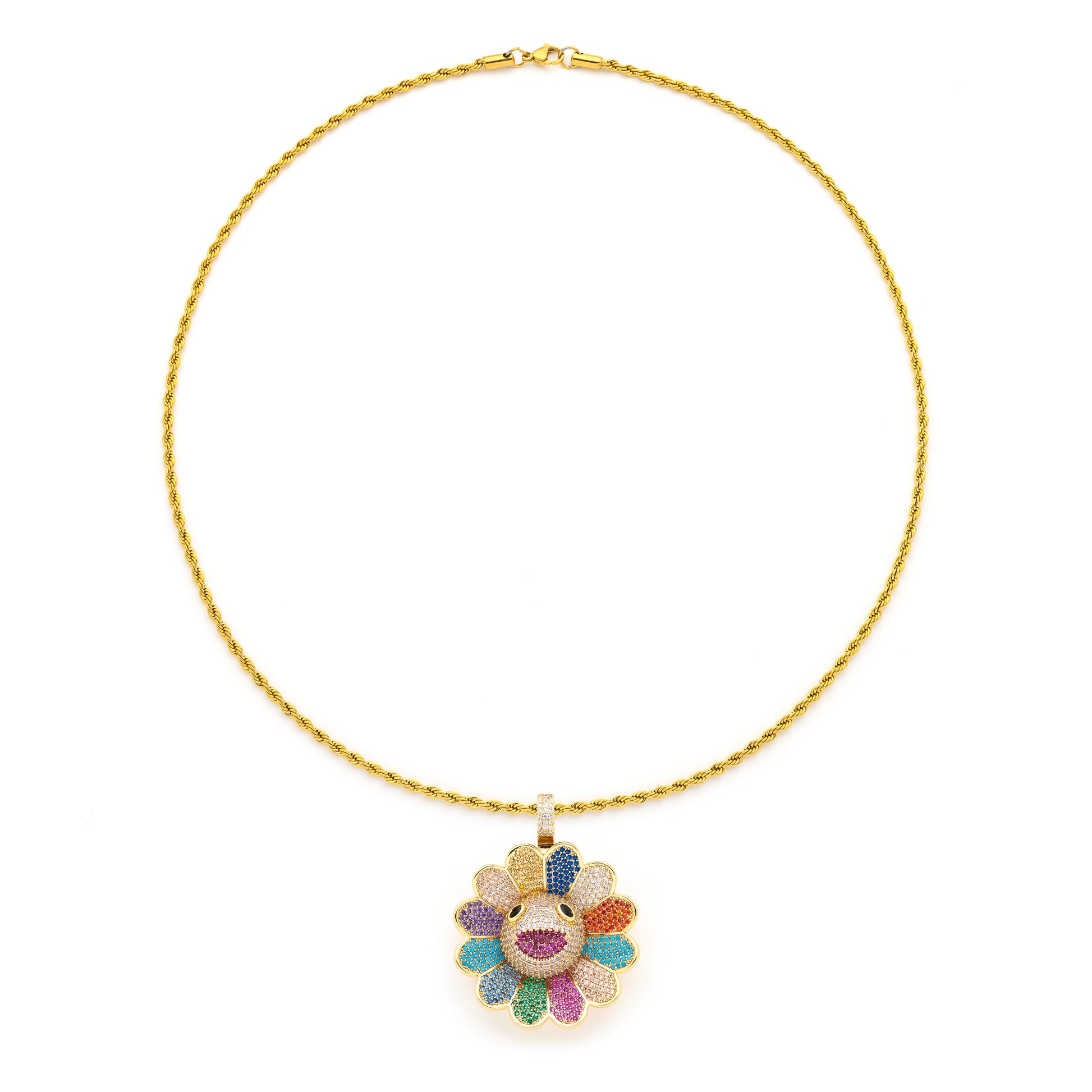 Rainbow Flower Pendant with 14K Gold Plated Rope Chain
