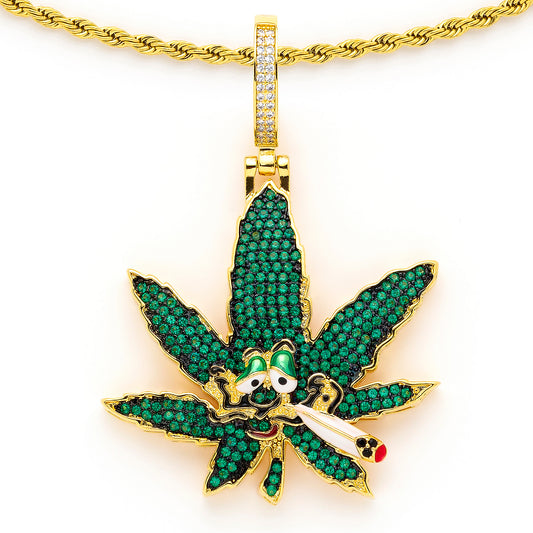 Weed Pendant with 14K Gold Plated Rope Chain