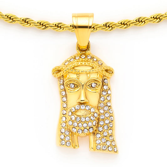 Jesus Piece Pendant with 14K Gold Plated Rope Chain