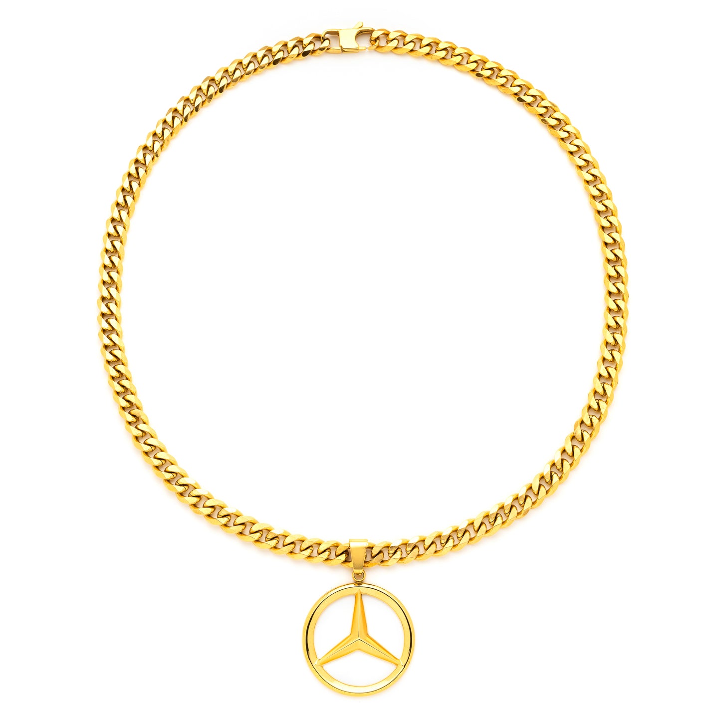 Merc Pendant with 14K Gold Plated Cuban Link Chain