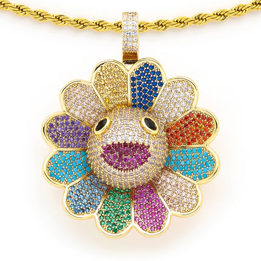 Rainbow Flower Pendant with 14K Gold Plated Rope Chain