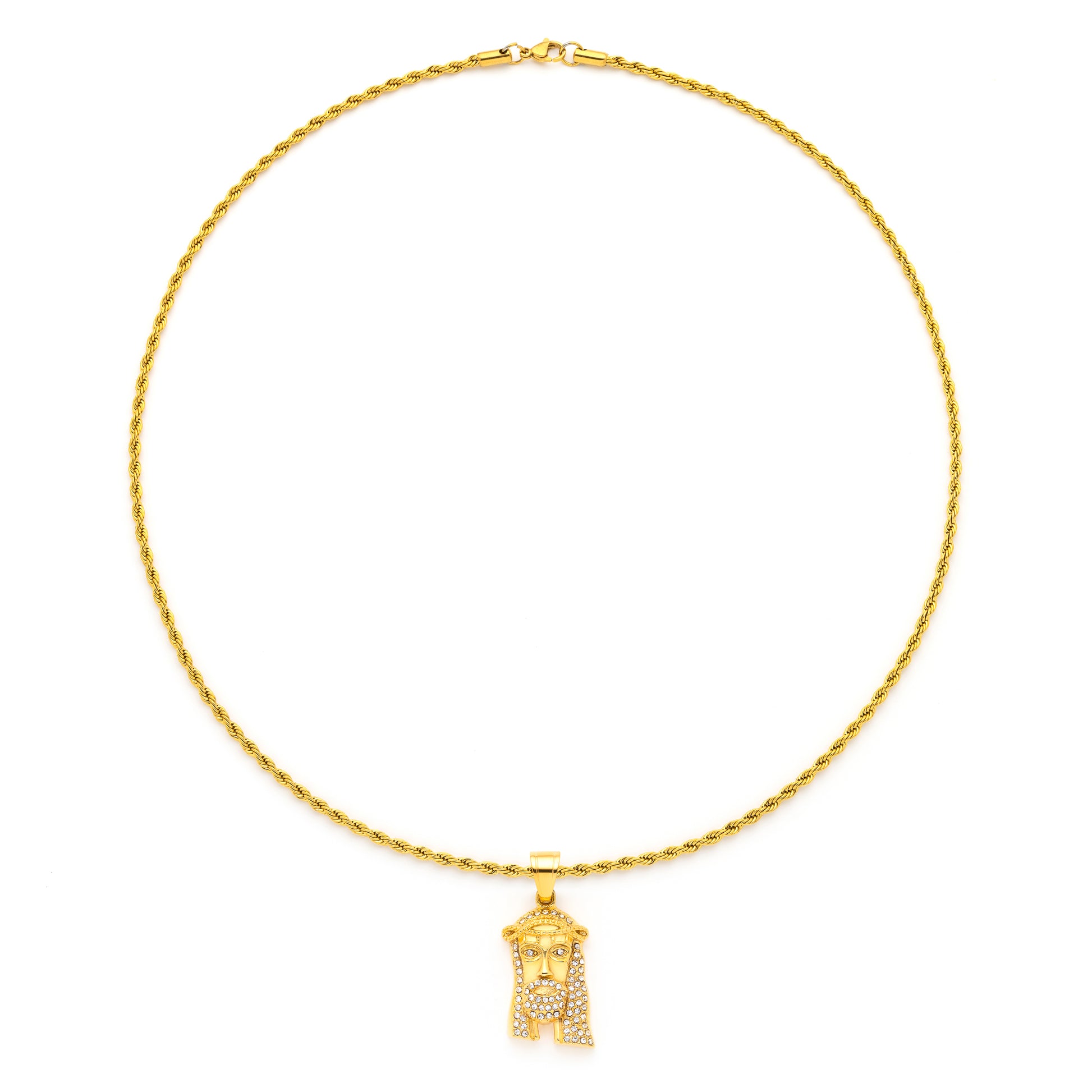 Jesus Piece Pendant with 14K Gold Plated Rope Chain